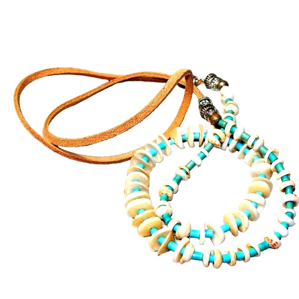 33"  VNTG BoHo Puka Shell & Crushed Turquoise Tube Beads on Leather …
